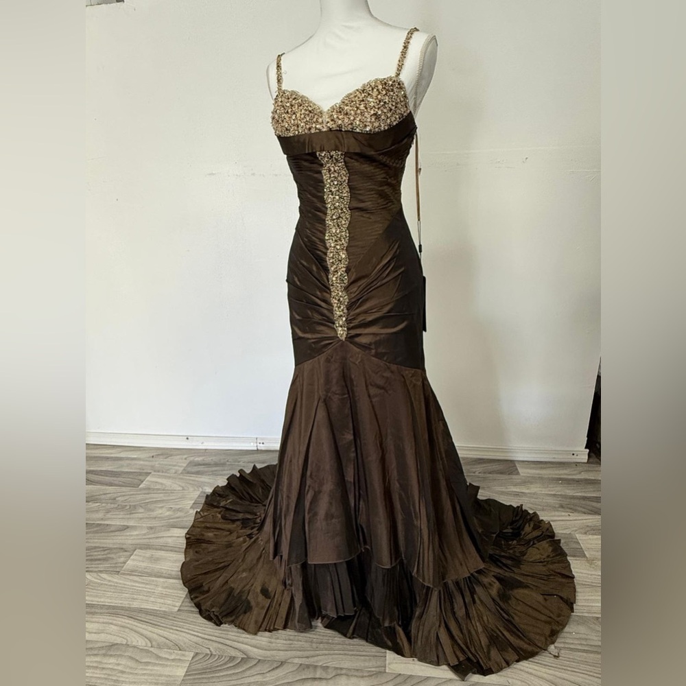 Elegant Brown Evening Gown with Beaded Accents